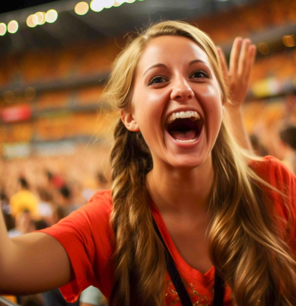 Eine blonde junge Frau jubelt begeisternd in die Kamera und feuert die eine Mannschaft der Frauen-Handball EM 2024 an. Sie trägt ein rotes Oberteil und befindet sich in einem Stadion. Im Hintergrund erkennt man unscharf weitere Menschen und Sitzplätze. Holen Sie sich die Spannung und den Spaß mit Tippevent.de nach Hause!