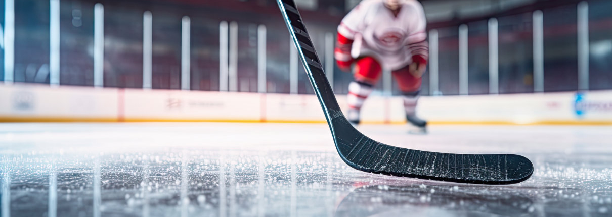 Ice Hockey World Championship 2025 - Close-up of an ice hockey stick on the ice surface in position to hit the puck