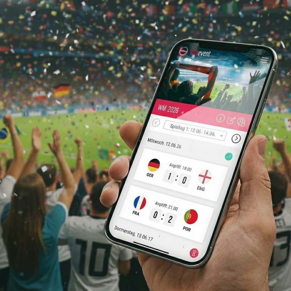 tippevent Fußball-Tippspiel App auf Smartphone mit WM 2026 Live-Ergebnissen im Stadion