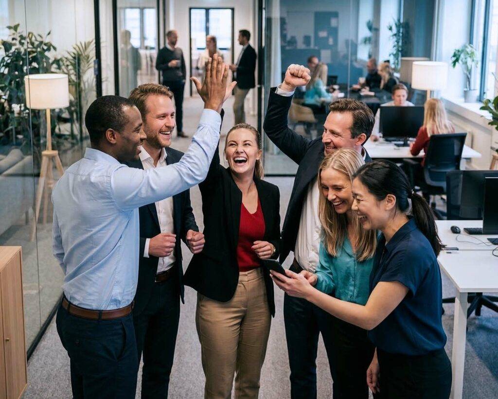 Diverses Unternehmensteam jubelt zusammen im Büro – ideales Teambuilding durch das tippevent Tippspiel
