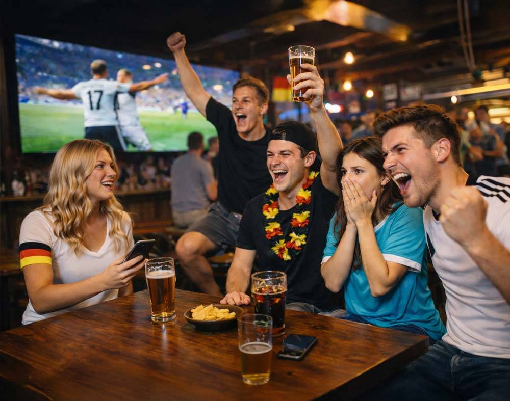 Freunde in Deutschland-Trikots jubeln in der Fußball-Bar – Tippspiel mit Freunden in der Bar und Sportsbar mit tippevent