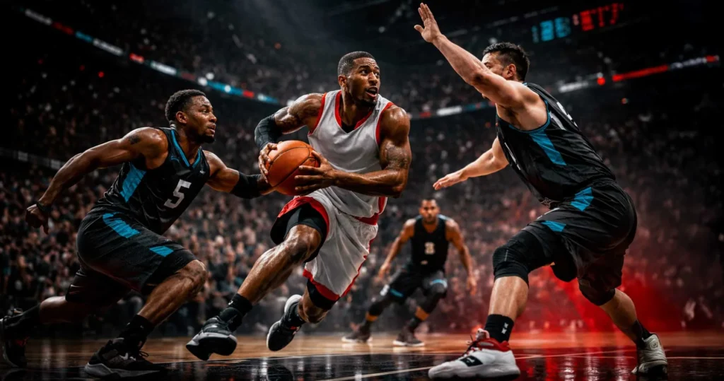 Basketballspieler springt im vollbesetzten NBA-Stadion – Basketball-Tippspiel für WM, EuroLeague und NBA mit tippevent