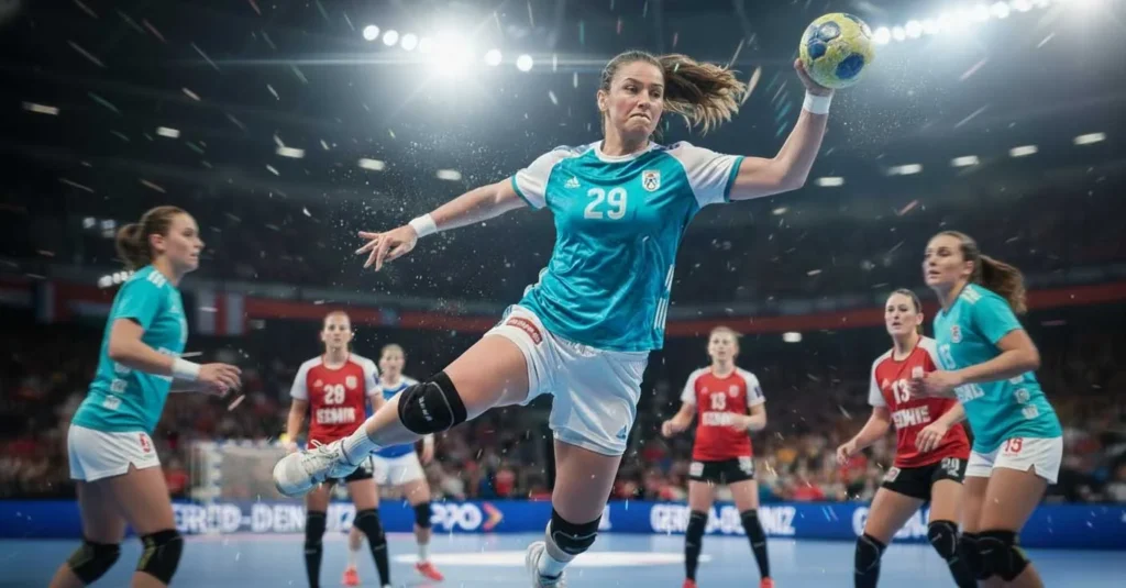 Handball-Spielerin beim kraftvollen Sprungwurf bei der Frauenhandball-Weltmeisterschaft – Handball-Tippspiel für WM mit tippevent