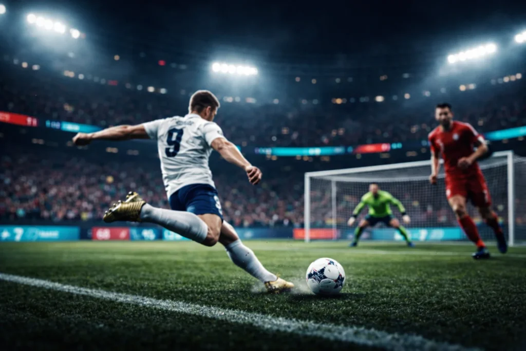 Dramatic football shot on goal in a floodlit stadium – live prediction game for Bundesliga and tournaments with tippevent