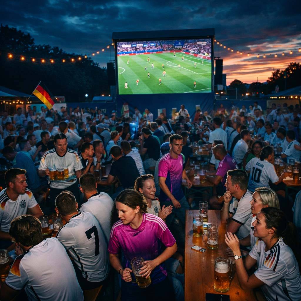Fußballfans beim Public Viewing Outdoor-Event am Abend in Deutschlandtrikots – Tippspiel App für Public-Viewing-Veranstaltungen mit tippevent
