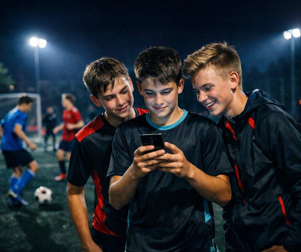 Jugendfußballer schauen gemeinsam aufs Smartphone beim Training – Fußball-Tippspiel für Vereine und Jugendmannschaften mit tippevent