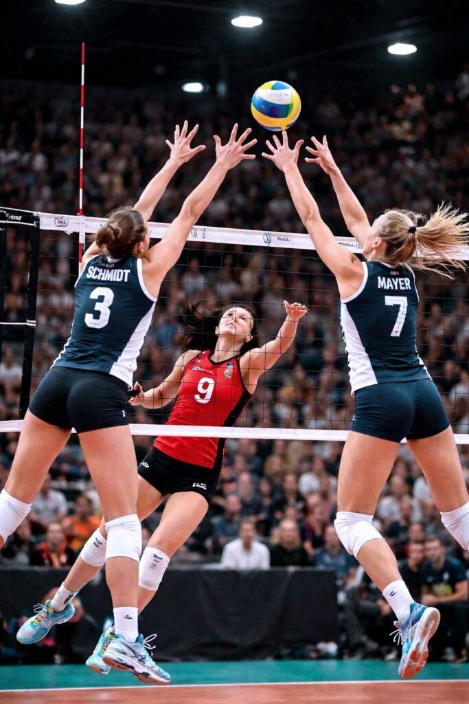 Volleyball players blocking at the net – volleyball prediction game for tournaments and leagues with tippevent