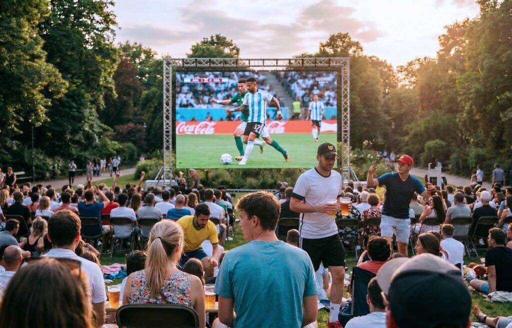 Zuschauer beim sommerlichen Fußball-Public-Viewing im Freien – Outdoor-Tippspiel-Event mit tippevent