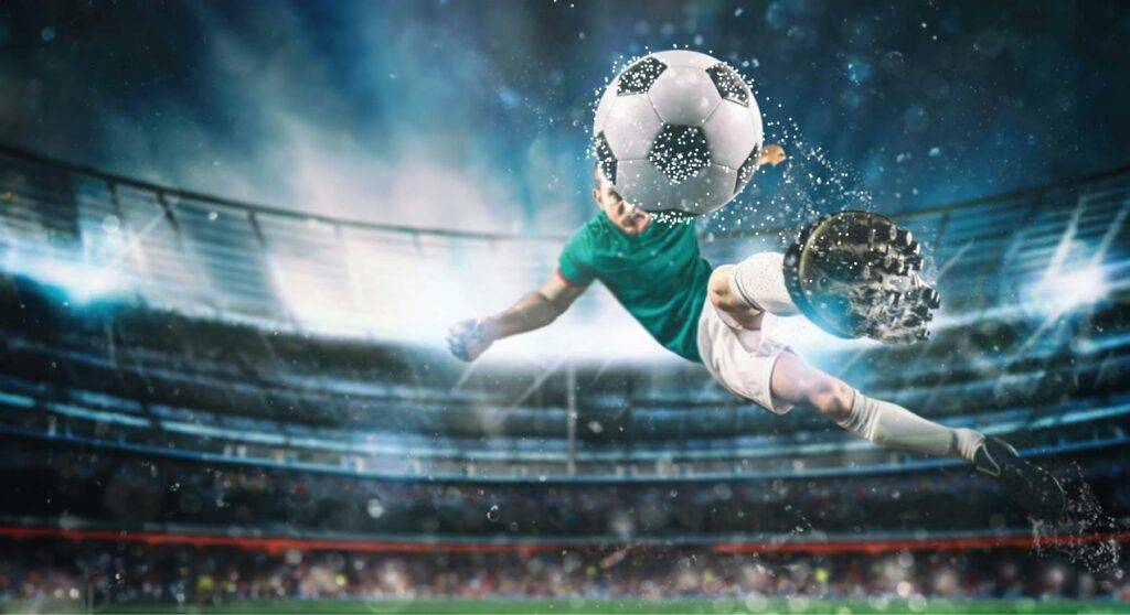 Football player performing an acrobatic shot in a stadium – tippevent prediction game for the FIFA Club World Championship 2025 and Bundesliga, easy to create online
