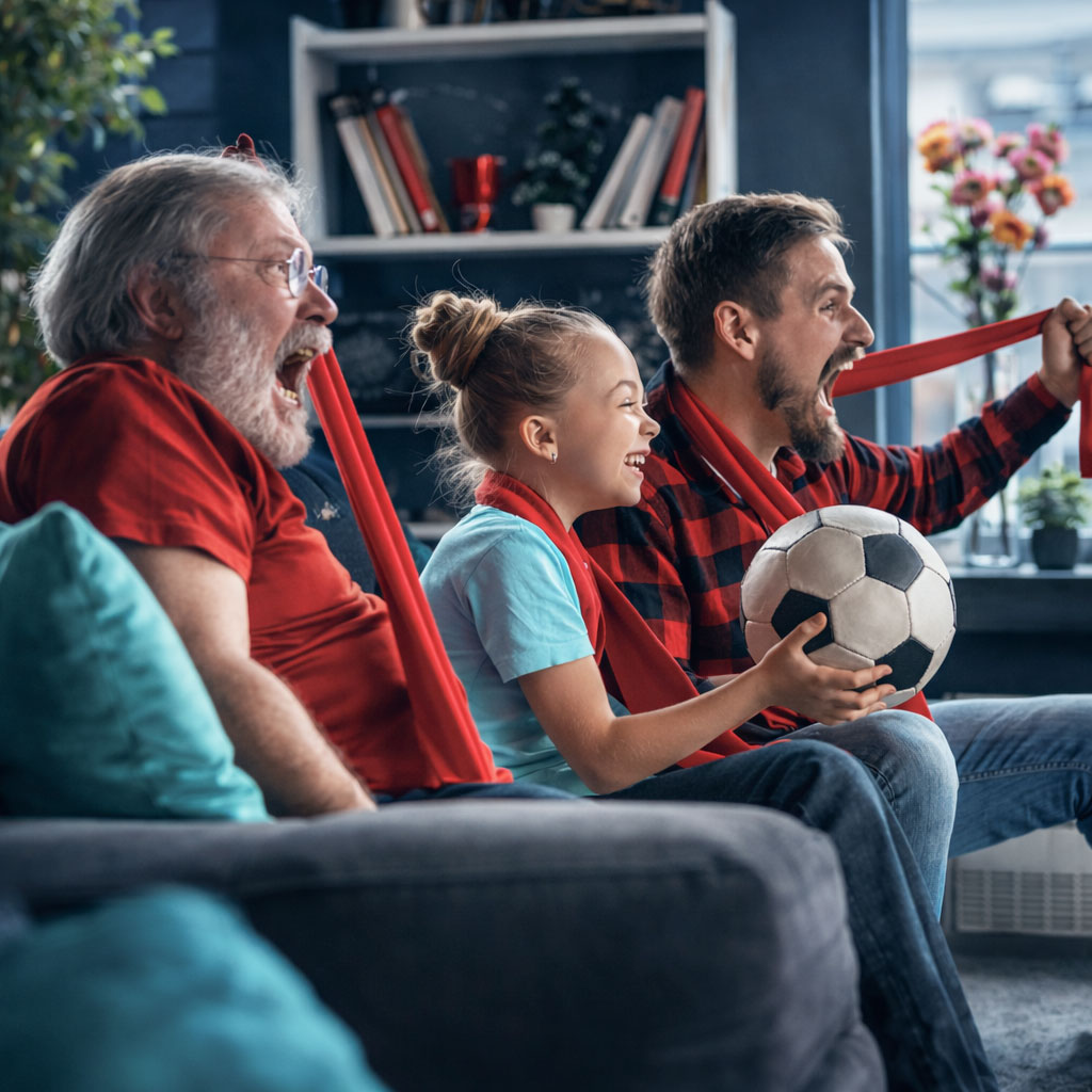 Familie mit Fanschal und Fußball schaut gemeinsam Fußball – Familien-Tippspiel mit Spaß und Spannung mit tippevent