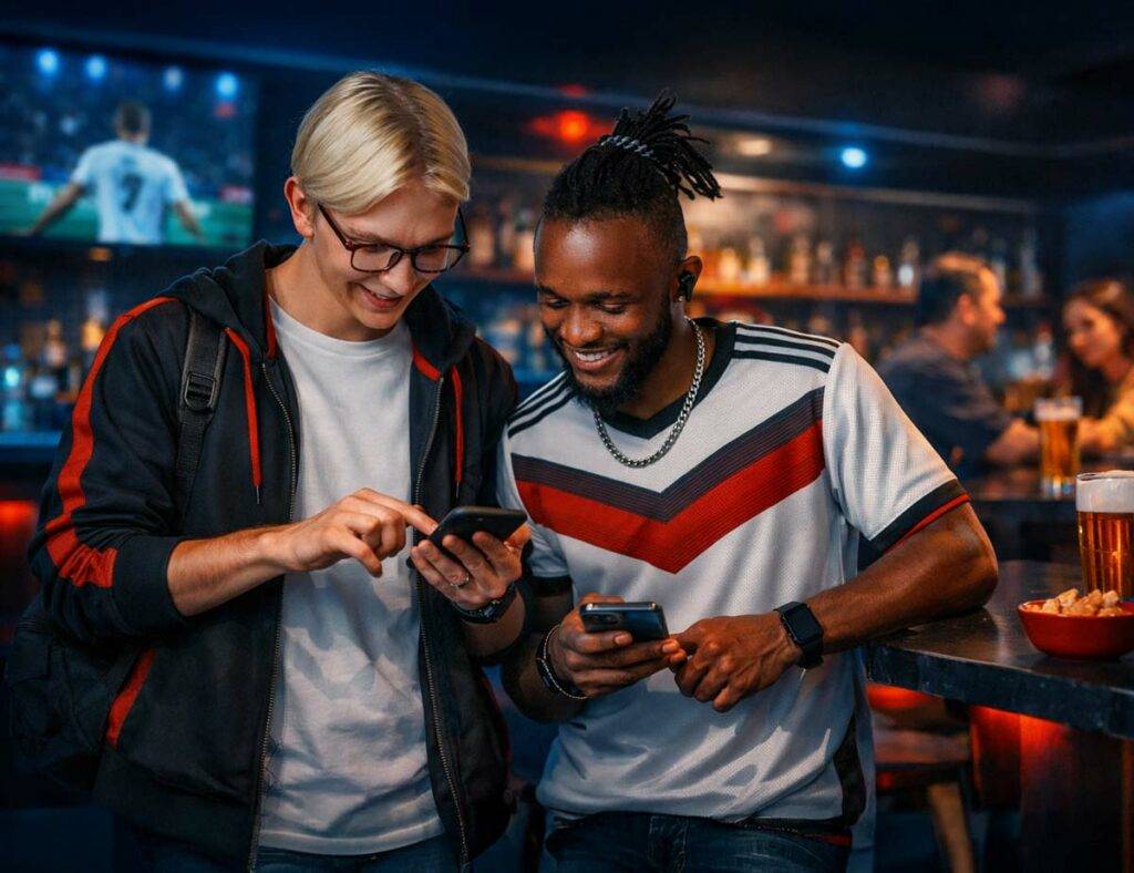 Two football fans making predictions together on their smartphones in a bar – prediction game with friends for charity and fundraising with tippevent