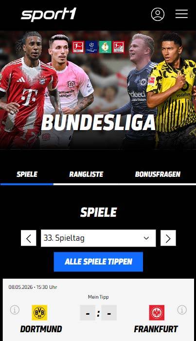 Sport1 Bundesliga-Tippspiel Mobile App – Spieltag-Tipp-Interface für Fußballfans mit tippevent