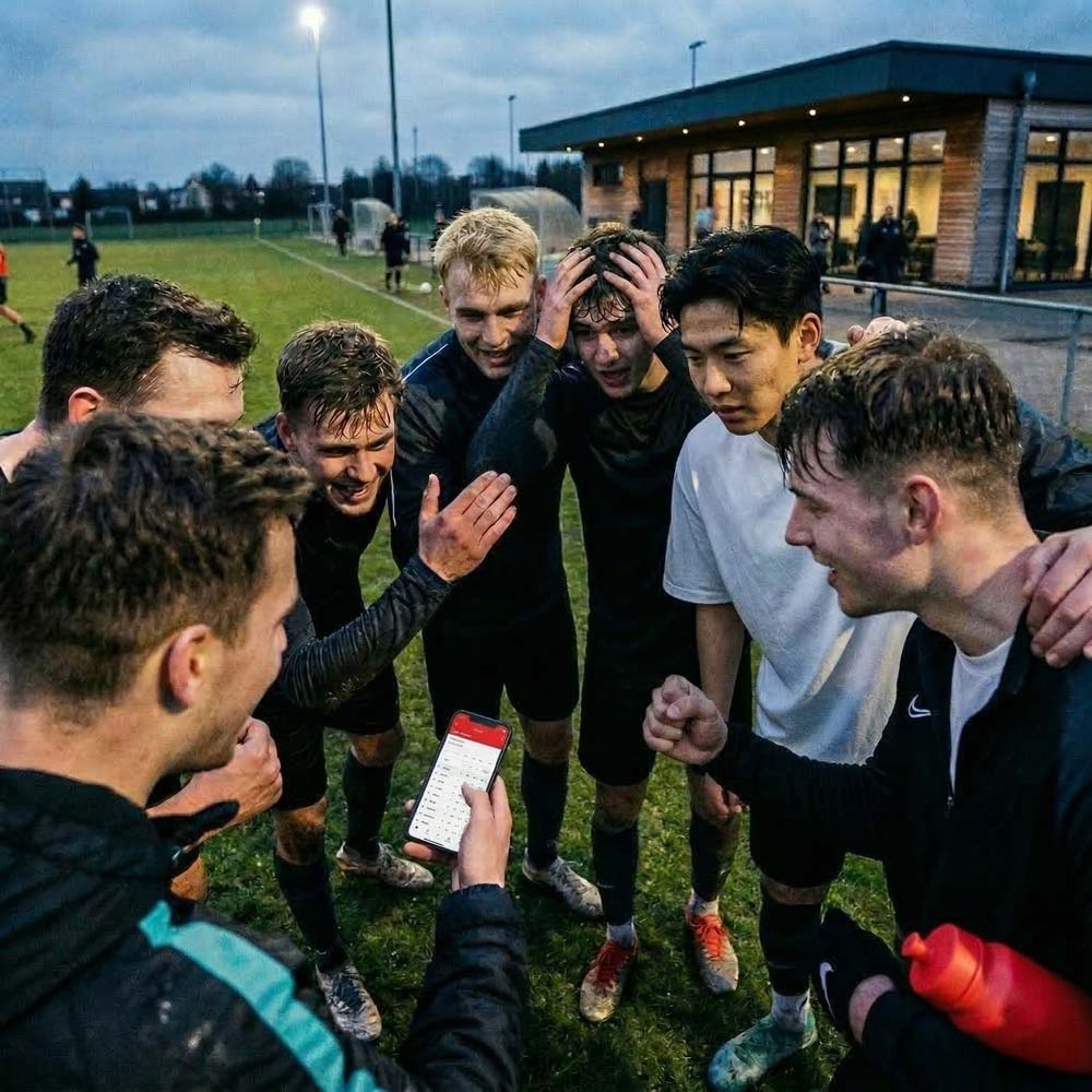Fußballspieler im Verein schauen gemeinsam auf ein Smartphone – Tippspiel für Vereine mit tippevent