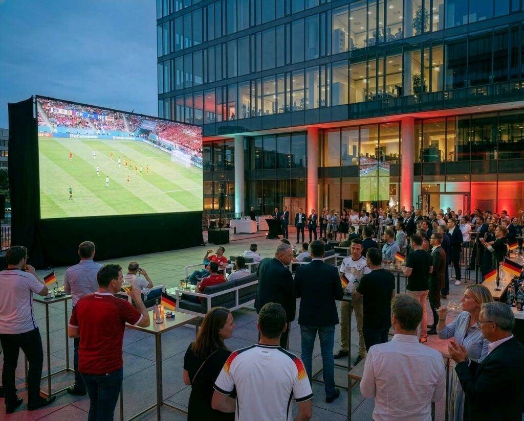 Firmen-Event mit Public Viewing vor modernem Bürogebäude – Mitarbeiter fiebern beim Fußball-Tippspiel mit