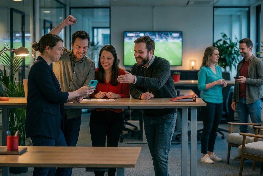 Enthusiastic staff members watch a football match together in the office as part of the company's prediction game