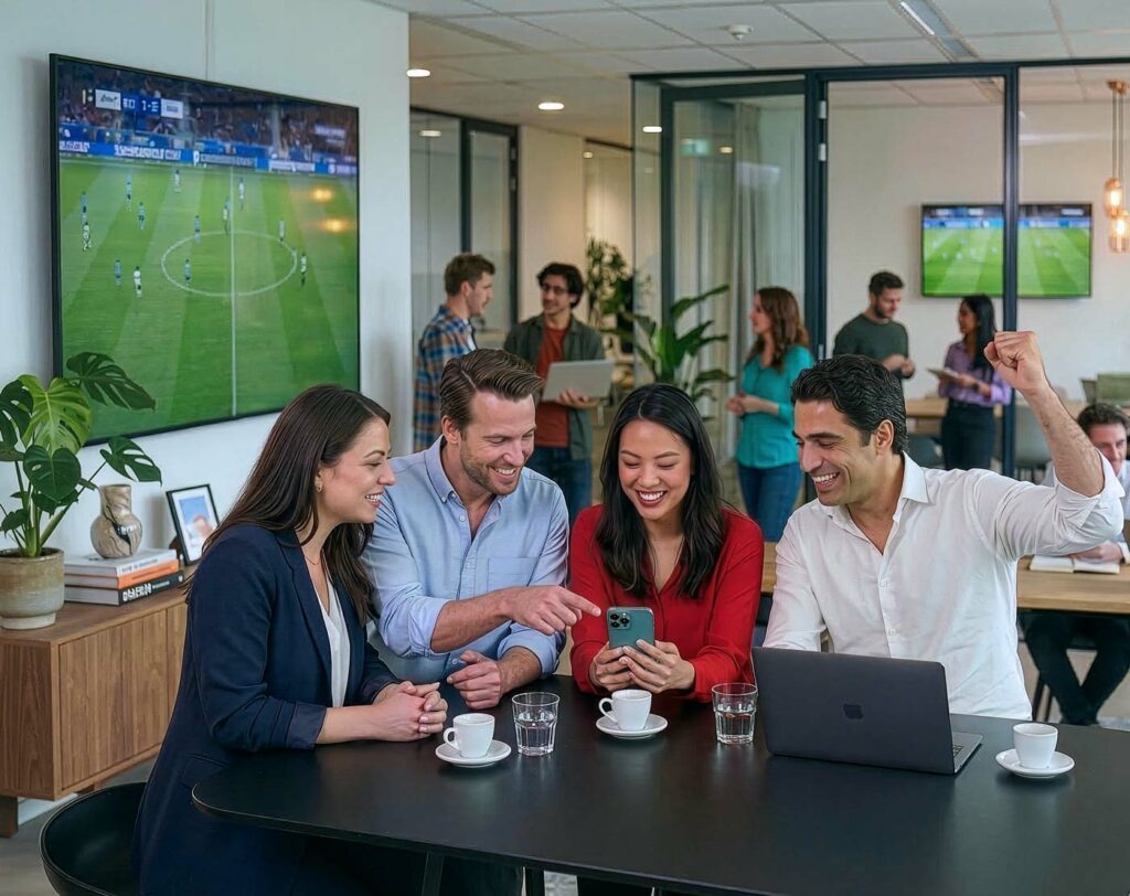 Begeisterte Mitarbeiter verfolgen gemeinsam ein Fußballspiel im Büro beim Unternehmens-Tippspiel